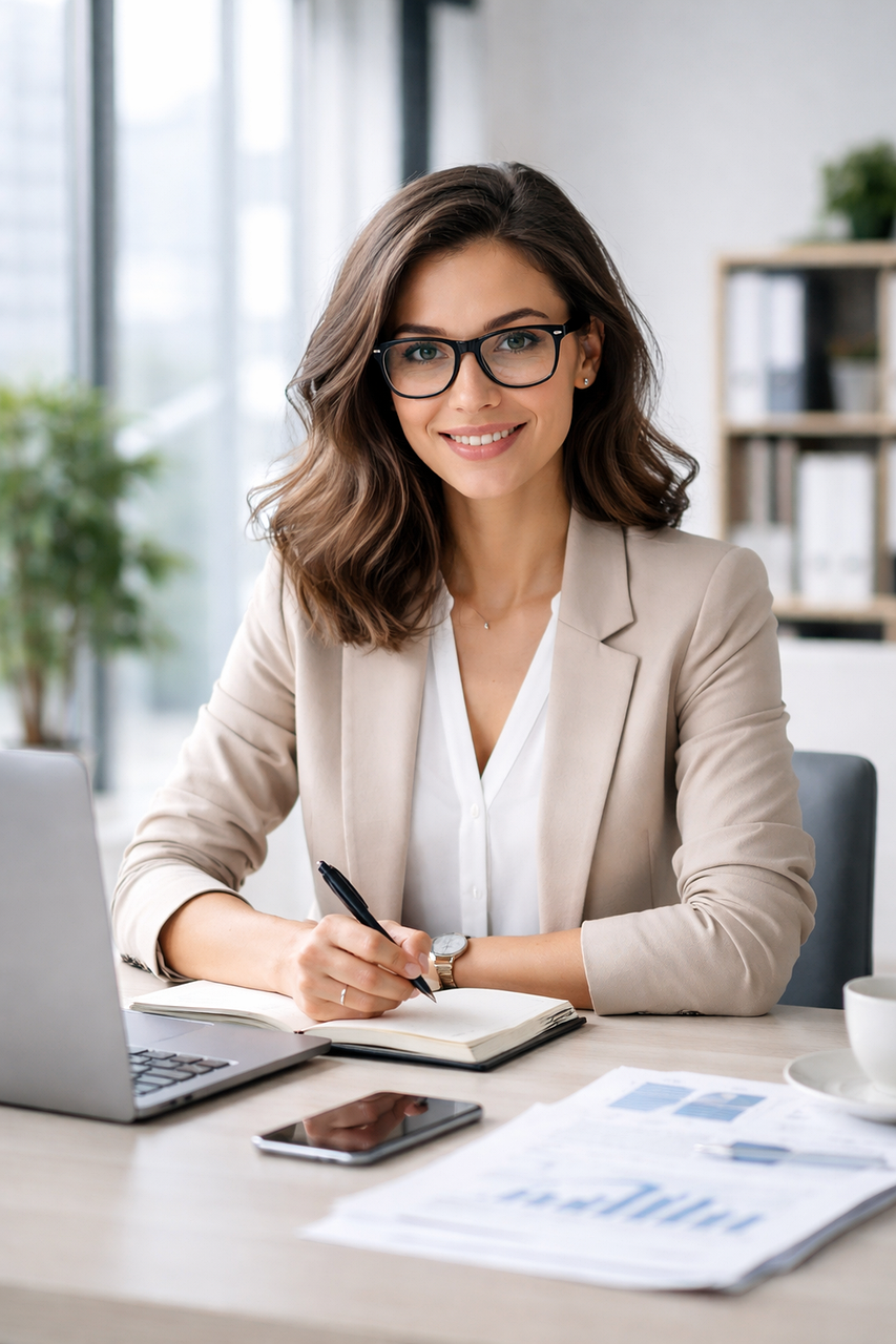 business, professional, office, workplace, corporate, woman, entrepreneur, manager, employee, laptop, documents, coffee, modern office, confident, workspace, office environment, portrait of woman, smiling, motivation